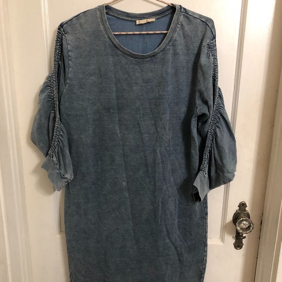 Jane and Delancey Dresses & Skirts - Denim Blue Sweatshirt Dress with Ruched Sleeves